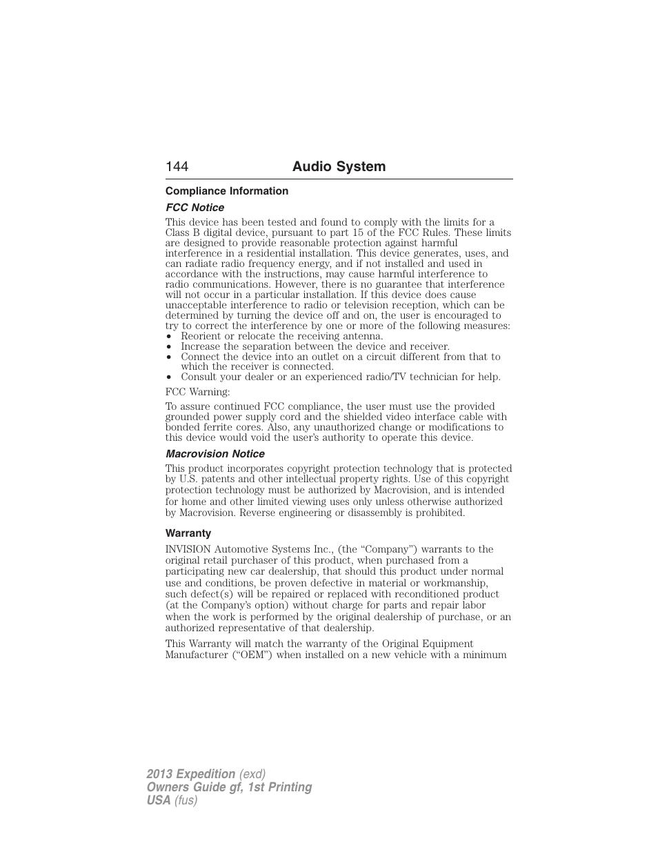 Compliance information, Fcc notice, Macrovision notice | Warranty, 144 audio system | FORD 2013 Expedition v.1 User Manual | Page 144 / 497