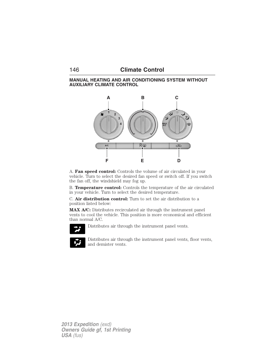 Climate control, Manual heating and air conditioning, 146 climate control | FORD 2013 Expedition v.1 User Manual | Page 146 / 497