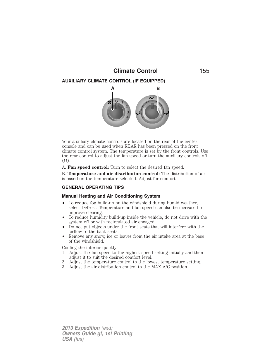 Auxiliary climate control (if equipped), General operating tips, Manual heating and air conditioning system | Climate control 155 | FORD 2013 Expedition v.1 User Manual | Page 155 / 497