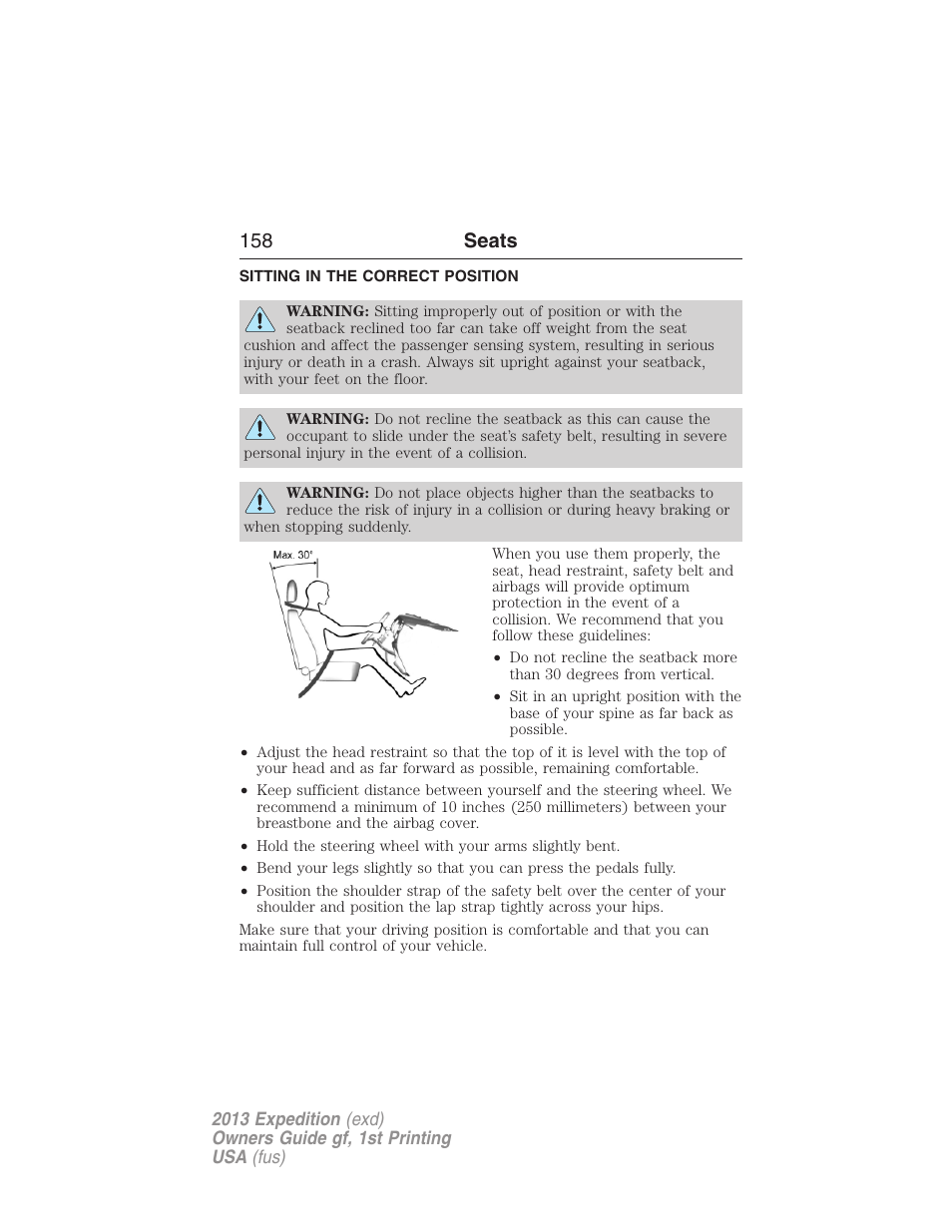 Seats, Sitting in the correct position, 158 seats | FORD 2013 Expedition v.1 User Manual | Page 158 / 497