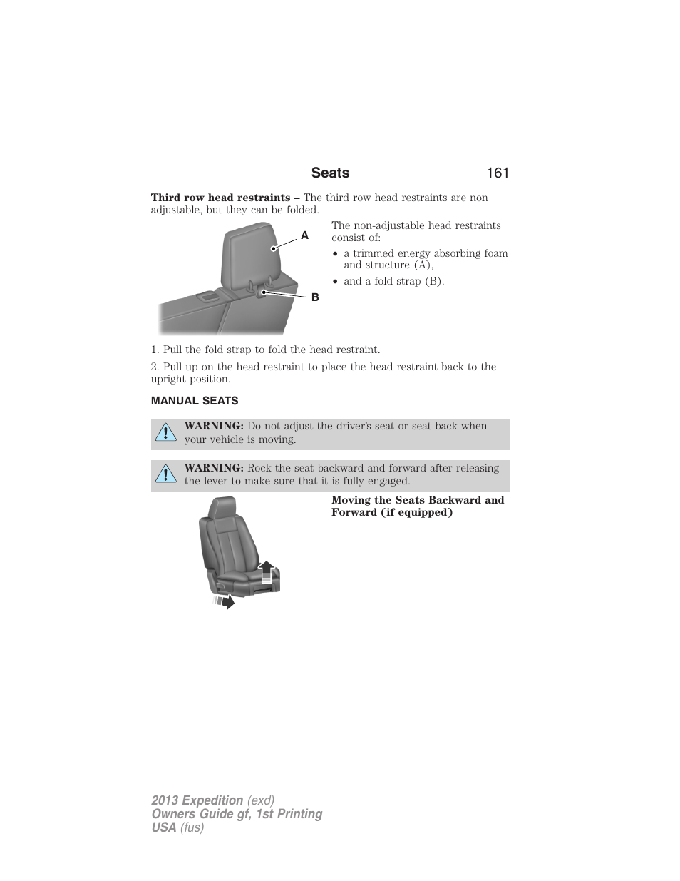Manual seats, Seats 161 | FORD 2013 Expedition v.1 User Manual | Page 161 / 497