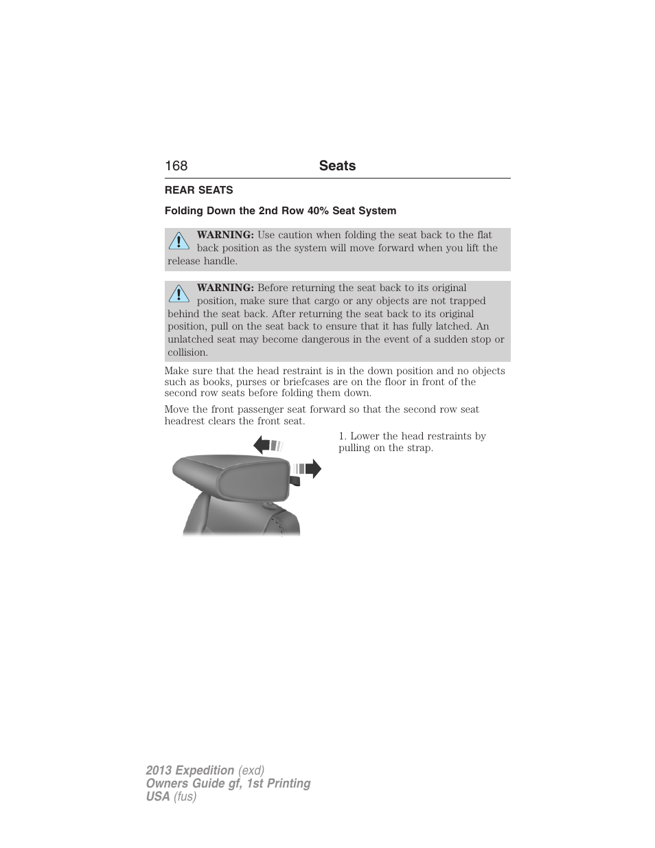 Rear seats, Folding down the 2nd row 40% seat system, 168 seats | FORD 2013 Expedition v.1 User Manual | Page 168 / 497