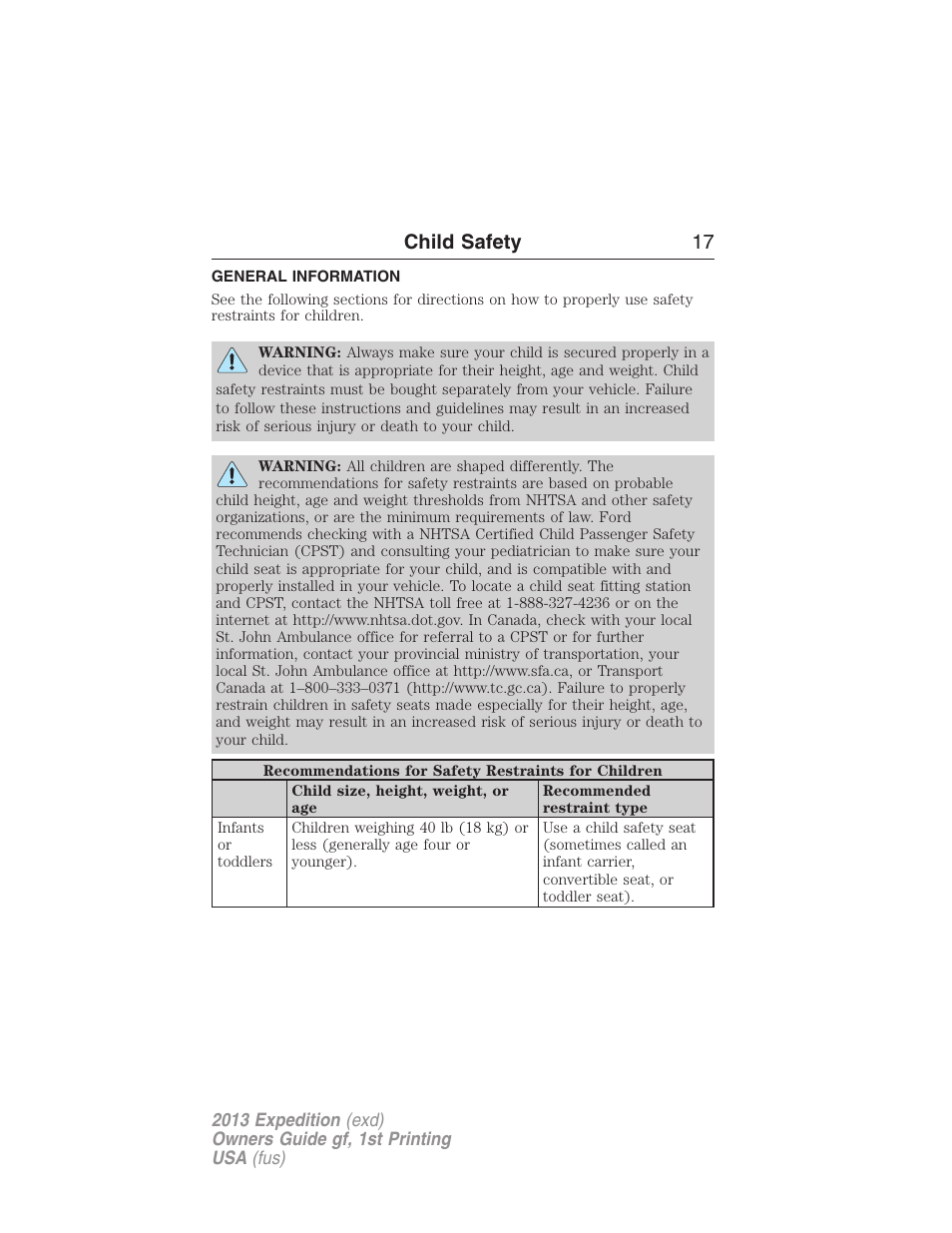 Child safety, General information, Child safety 17 | FORD 2013 Expedition v.1 User Manual | Page 17 / 497