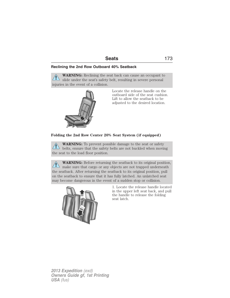 Reclining the 2nd row outboard 40% seatback, Seats 173 | FORD 2013 Expedition v.1 User Manual | Page 173 / 497