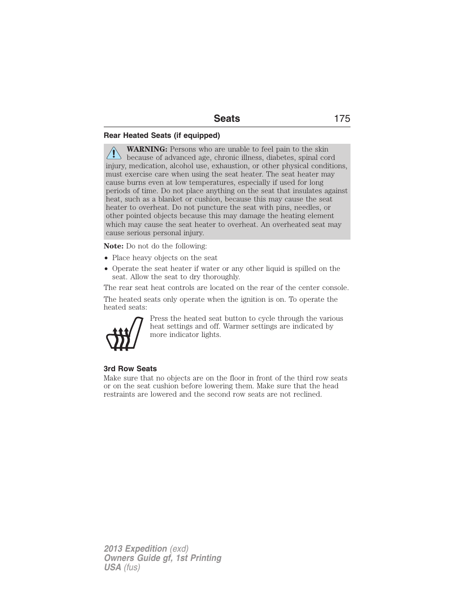 Rear heated seats (if equipped), 3rd row seats, Seats 175 | FORD 2013 Expedition v.1 User Manual | Page 175 / 497