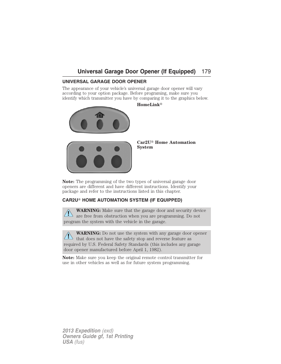 Universal garage door opener (if equipped), Universal garage door opener, Car2u? home automation system (if equipped) | Car2u, Home automation system, Universal garage door opener (if equipped) 179 | FORD 2013 Expedition v.1 User Manual | Page 179 / 497