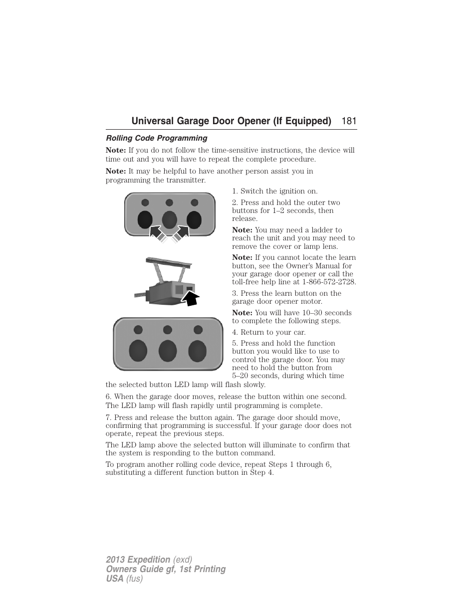 Rolling code programming, Universal garage door opener (if equipped) 181 | FORD 2013 Expedition v.1 User Manual | Page 181 / 497