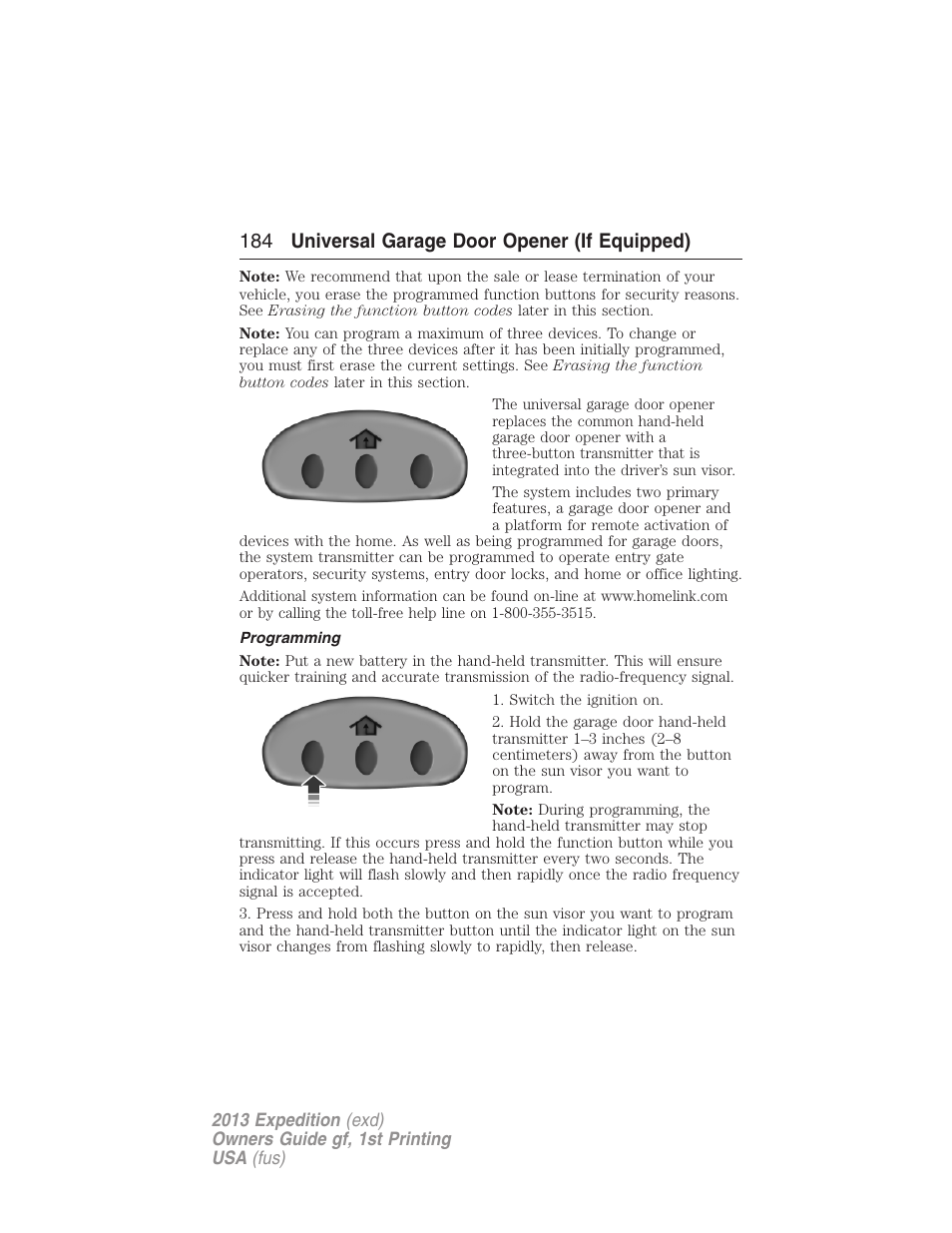 Programming, 184 universal garage door opener (if equipped) | FORD 2013 Expedition v.1 User Manual | Page 184 / 497