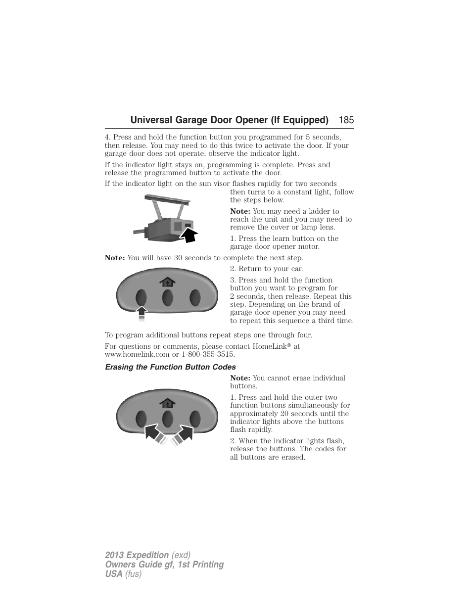 Erasing the function button codes, Universal garage door opener (if equipped) 185 | FORD 2013 Expedition v.1 User Manual | Page 185 / 497