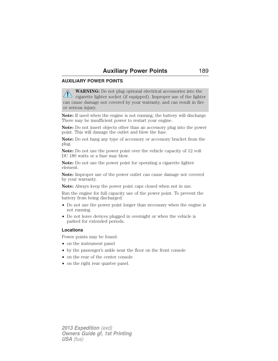 Auxiliary power points, Locations, Auxiliary power points 189 | FORD 2013 Expedition v.1 User Manual | Page 189 / 497