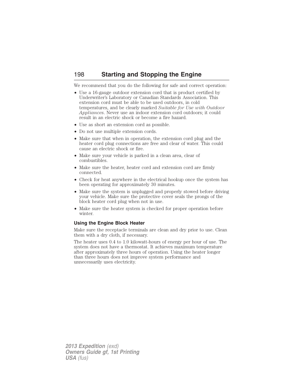 Using the engine block heater, 198 starting and stopping the engine | FORD 2013 Expedition v.1 User Manual | Page 198 / 497