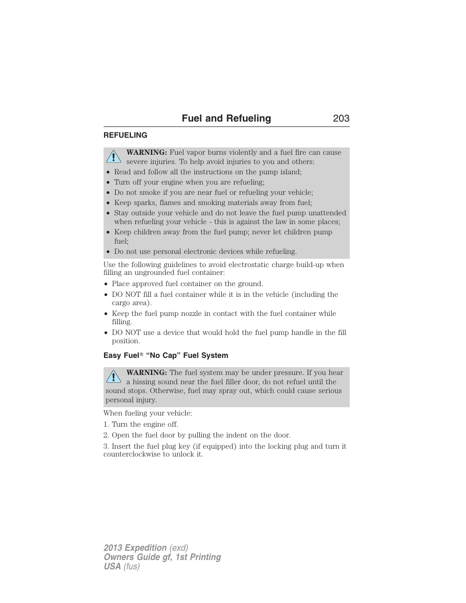 Refueling, Easy fuel? “no cap” fuel system, Fuel and refueling 203 | FORD 2013 Expedition v.1 User Manual | Page 203 / 497