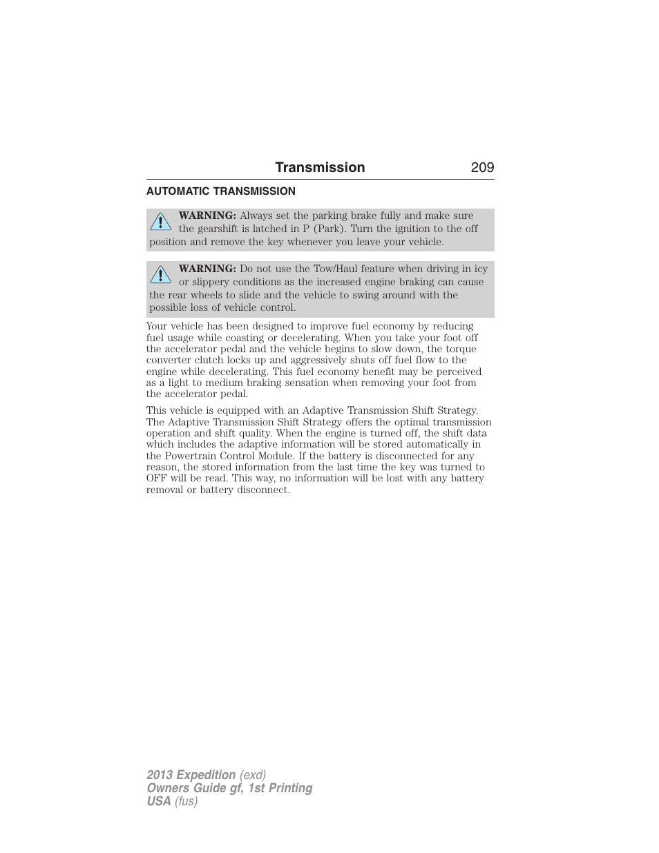 Transmission, Automatic transmission, Transmission 209 | FORD 2013 Expedition v.1 User Manual | Page 209 / 497