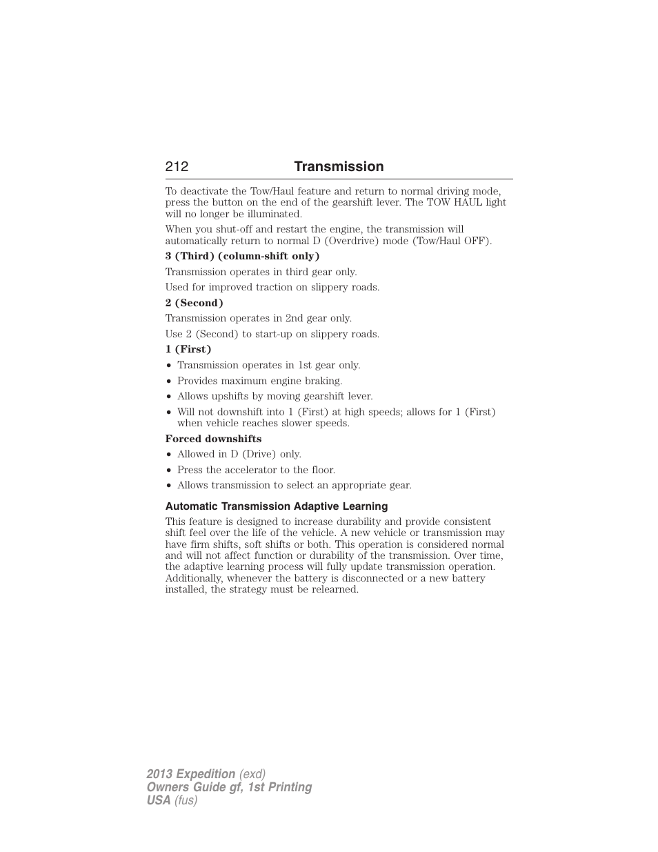 Automatic transmission adaptive learning, 212 transmission | FORD 2013 Expedition v.1 User Manual | Page 212 / 497