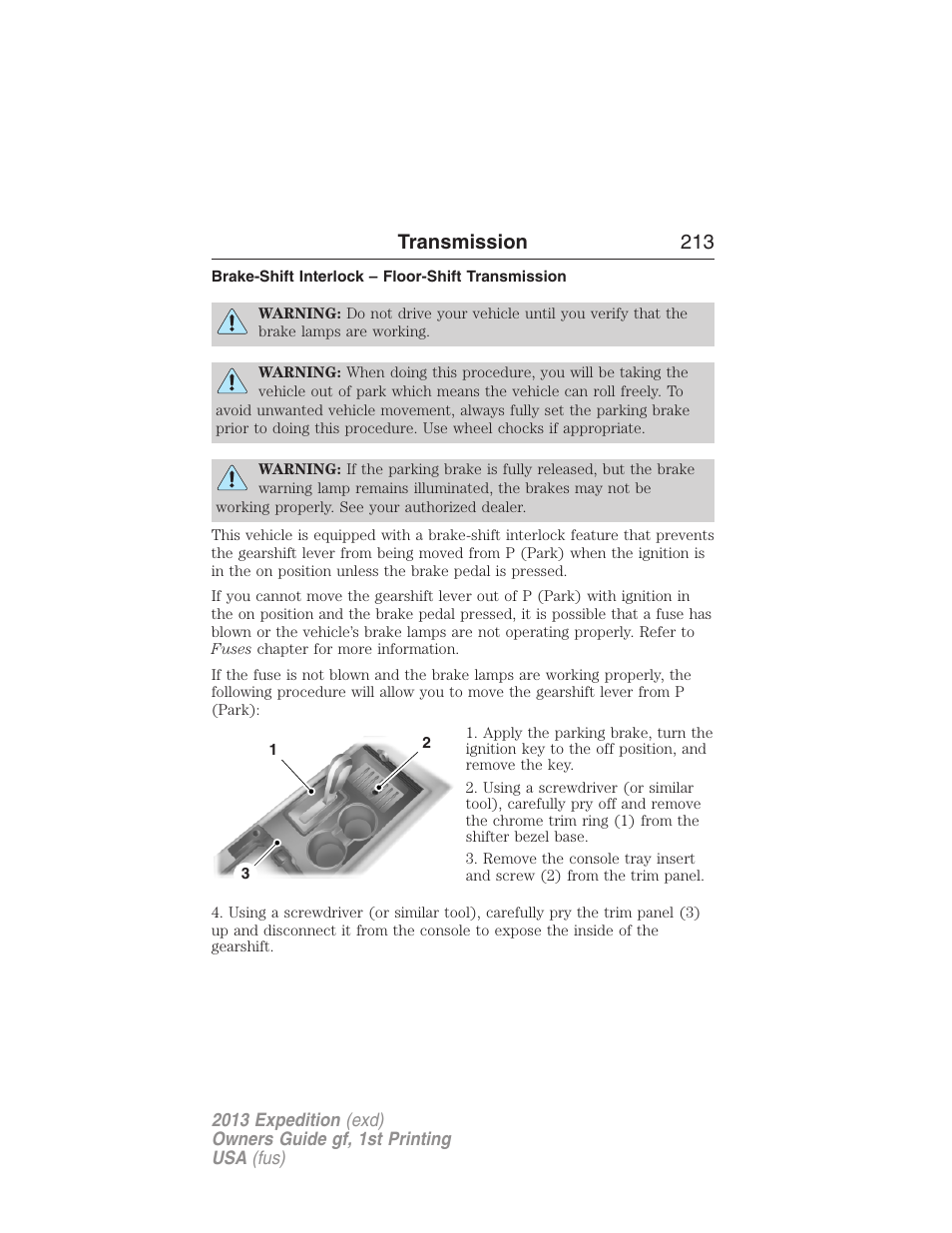 Brake-shift interlock – floor-shift transmission, Transmission 213 | FORD 2013 Expedition v.1 User Manual | Page 213 / 497