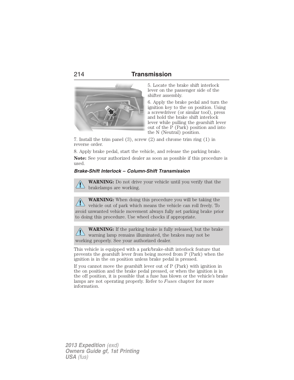 Brake-shift interlock – column-shift transmission, 214 transmission | FORD 2013 Expedition v.1 User Manual | Page 214 / 497