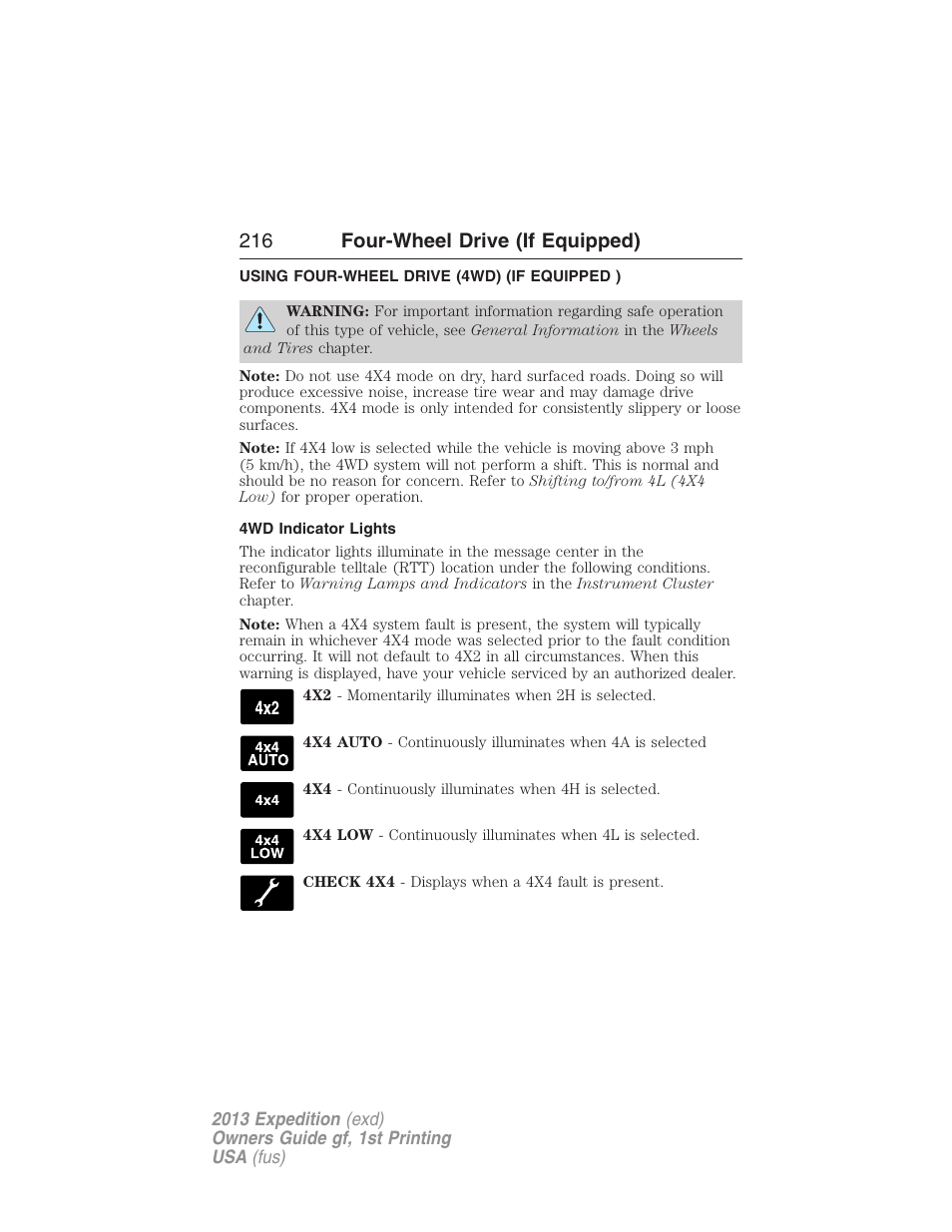 Four-wheel drive (if equipped), Using four-wheel drive (4wd) (if equipped ), 4wd indicator lights | Four wheel drive, 216 four-wheel drive (if equipped) | FORD 2013 Expedition v.1 User Manual | Page 216 / 497