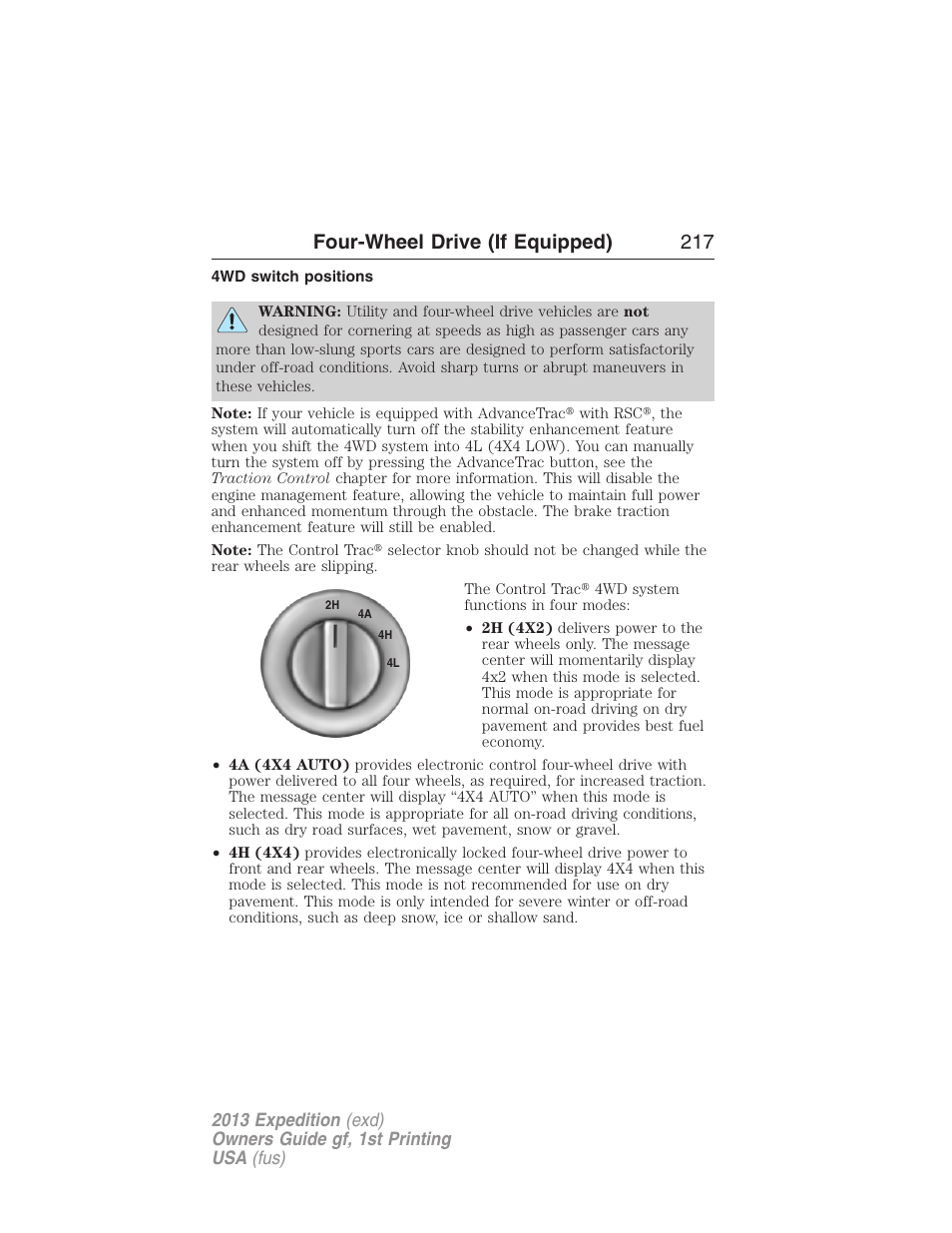 4wd switch positions, Four-wheel drive (if equipped) 217 | FORD 2013 Expedition v.1 User Manual | Page 217 / 497