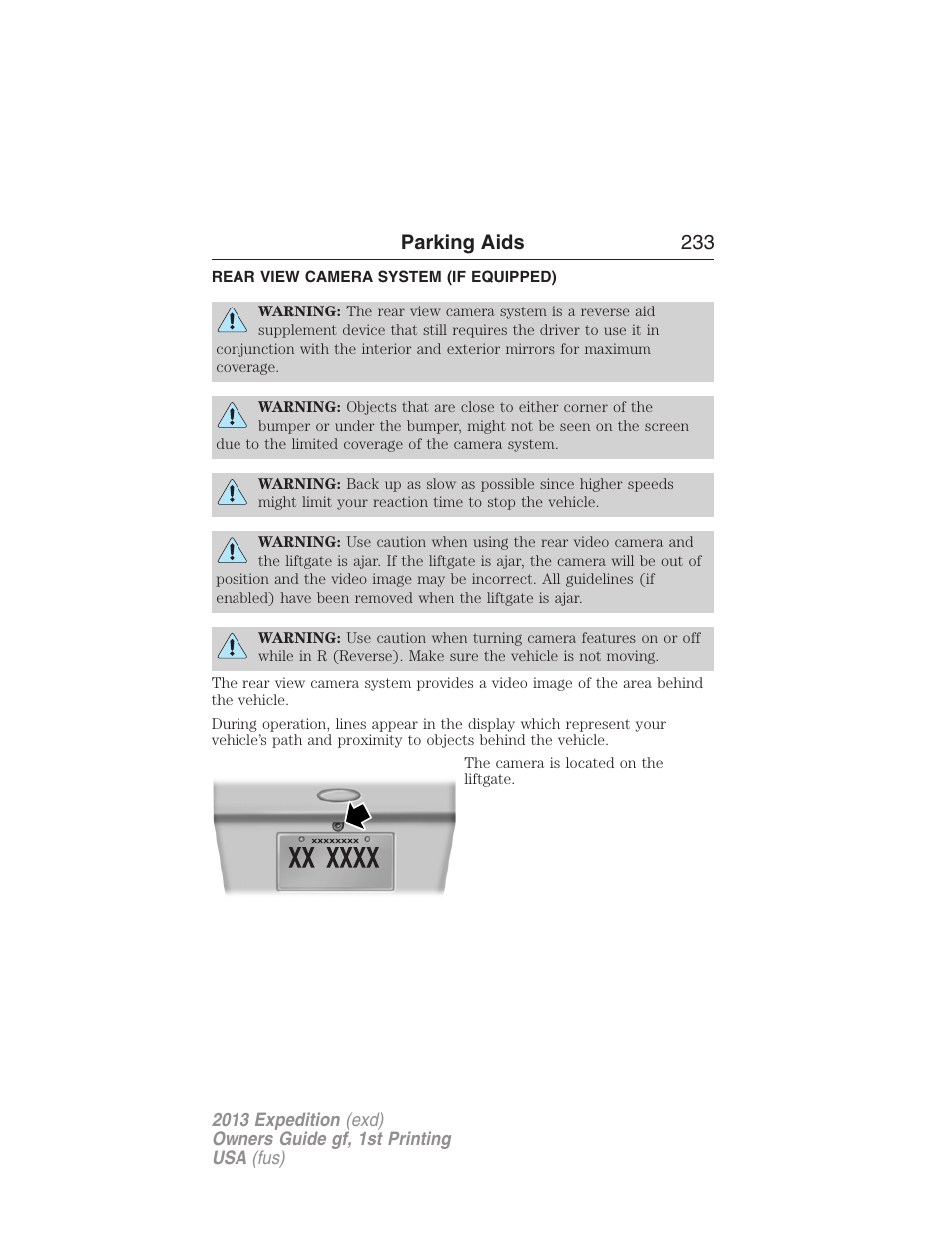 Rear view camera system (if equipped), Rear-view camera system, Parking aids 233 | FORD 2013 Expedition v.1 User Manual | Page 233 / 497