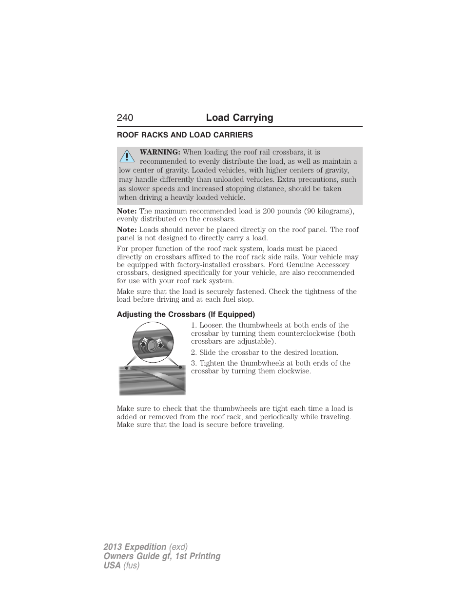 Load carrying, Roof racks and load carriers, Adjusting the crossbars (if equipped) | 240 load carrying | FORD 2013 Expedition v.1 User Manual | Page 240 / 497