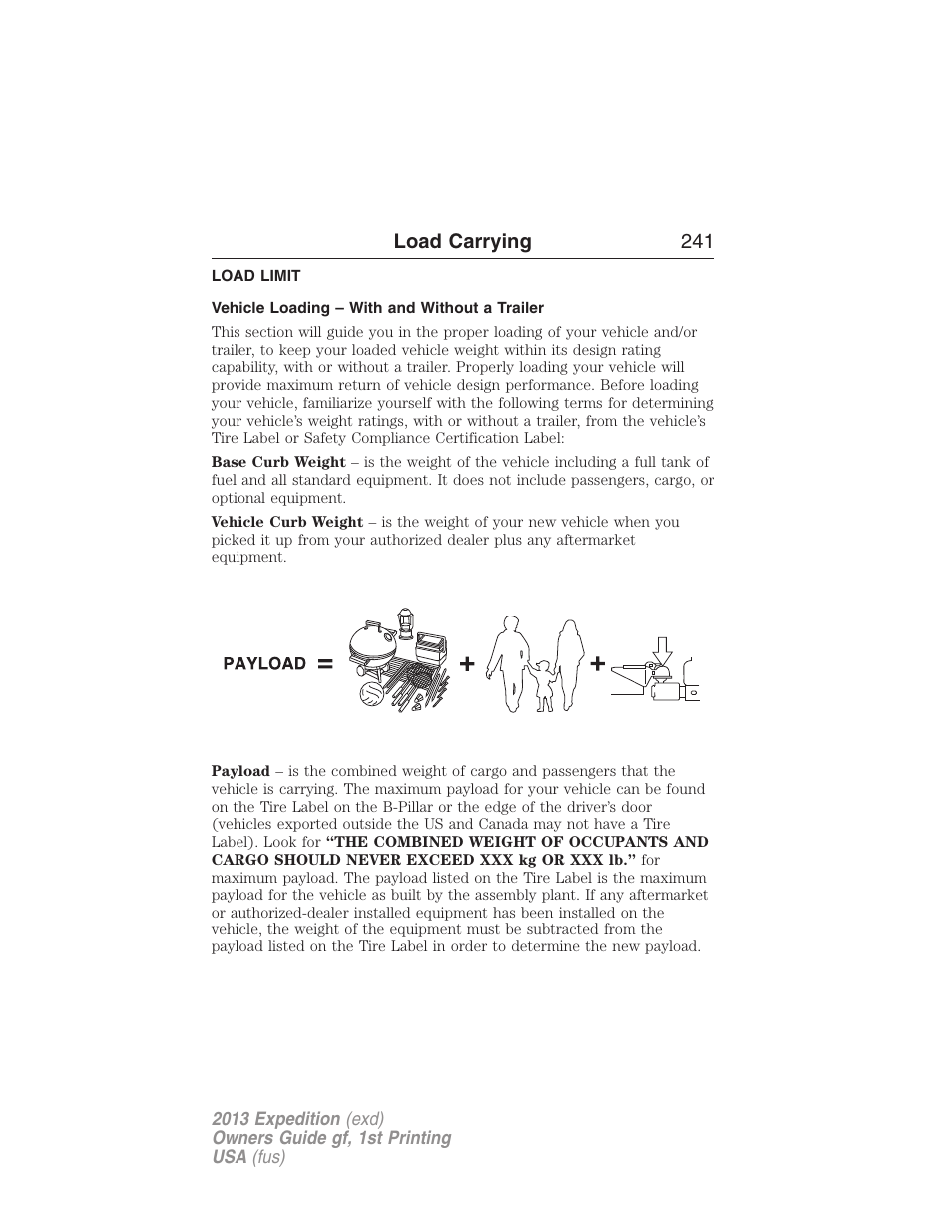 Load limit, Vehicle loading – with and without a trailer, Vehicle loading | Load carrying 241 | FORD 2013 Expedition v.1 User Manual | Page 241 / 497