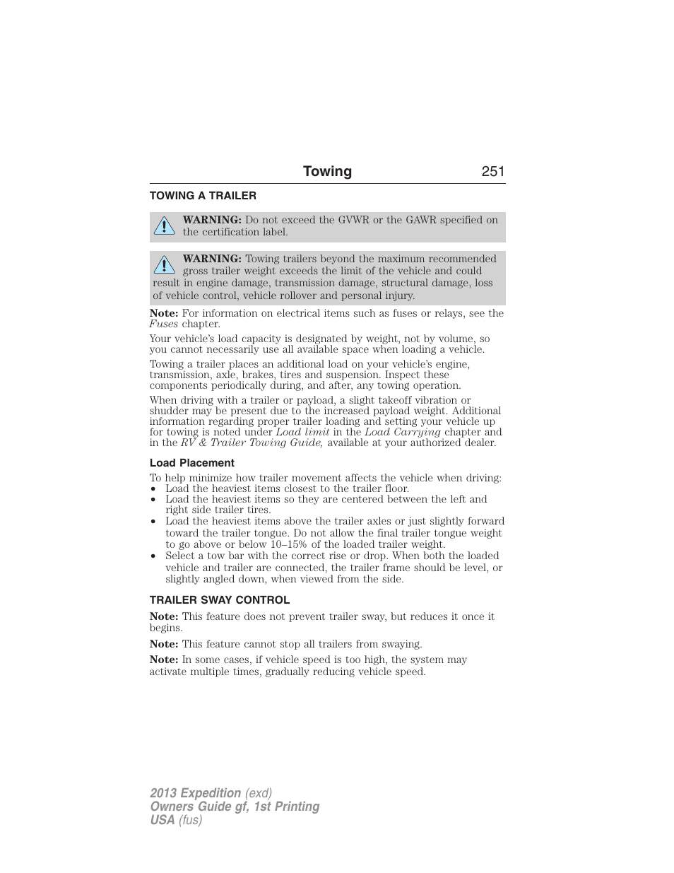 Towing, Towing a trailer, Load placement | Trailer sway control, Trailer towing, Towing 251 | FORD 2013 Expedition v.1 User Manual | Page 251 / 497