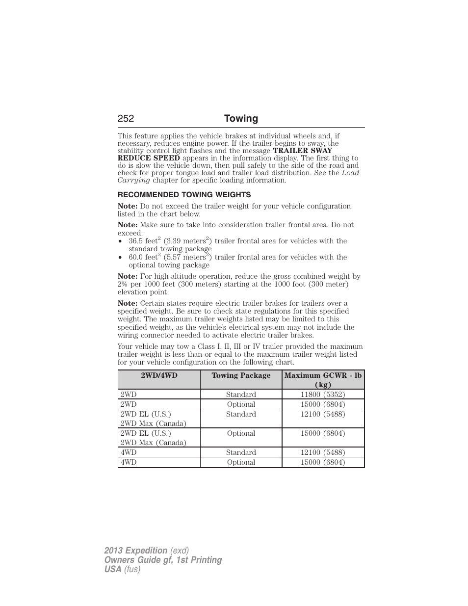 Recommended towing weights, 252 towing | FORD 2013 Expedition v.1 User Manual | Page 252 / 497