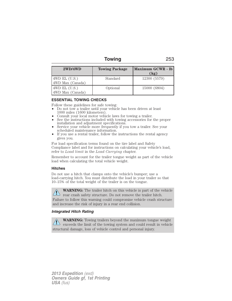 Essential towing checks, Hitches, Integrated hitch rating | Towing 253 | FORD 2013 Expedition v.1 User Manual | Page 253 / 497