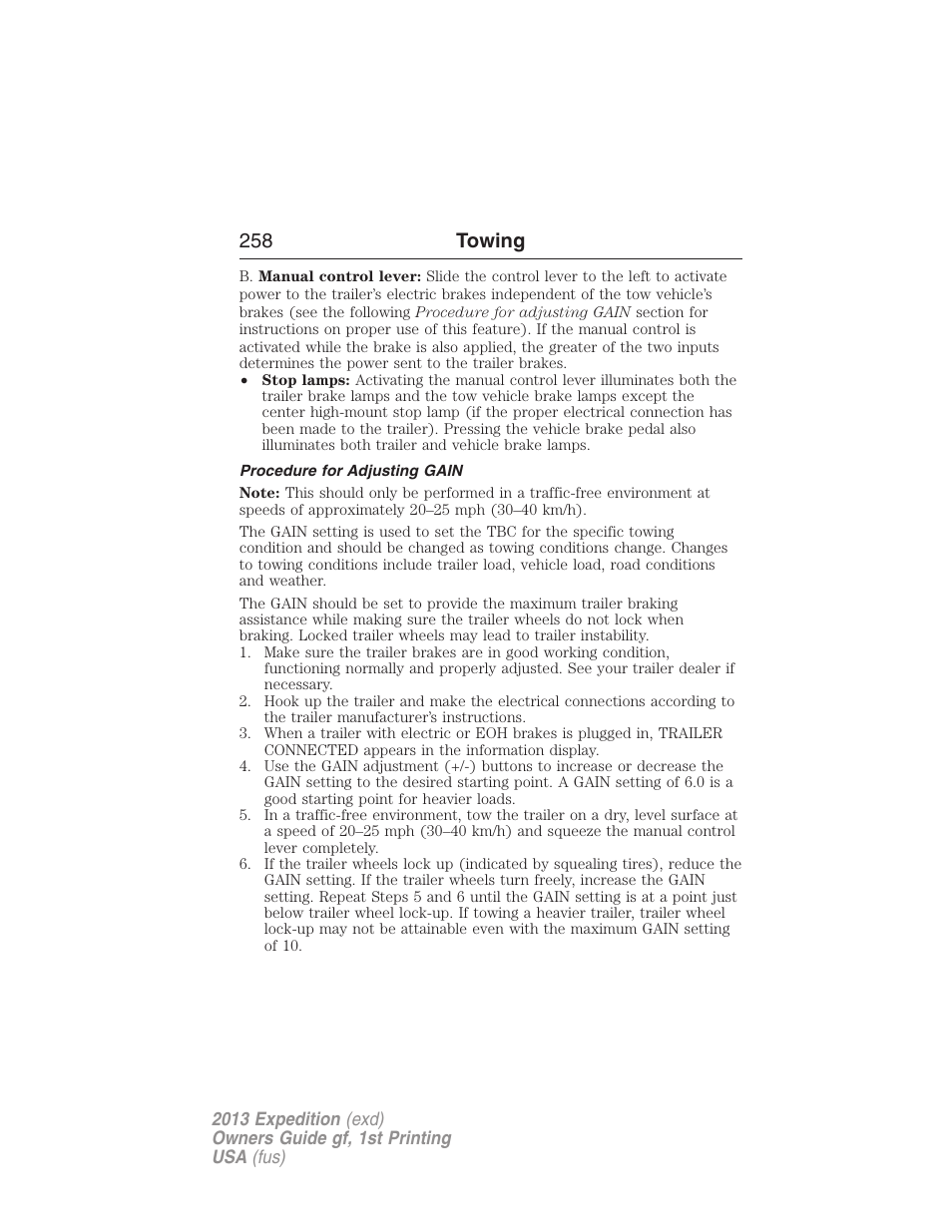 Procedure for adjusting gain, 258 towing | FORD 2013 Expedition v.1 User Manual | Page 258 / 497