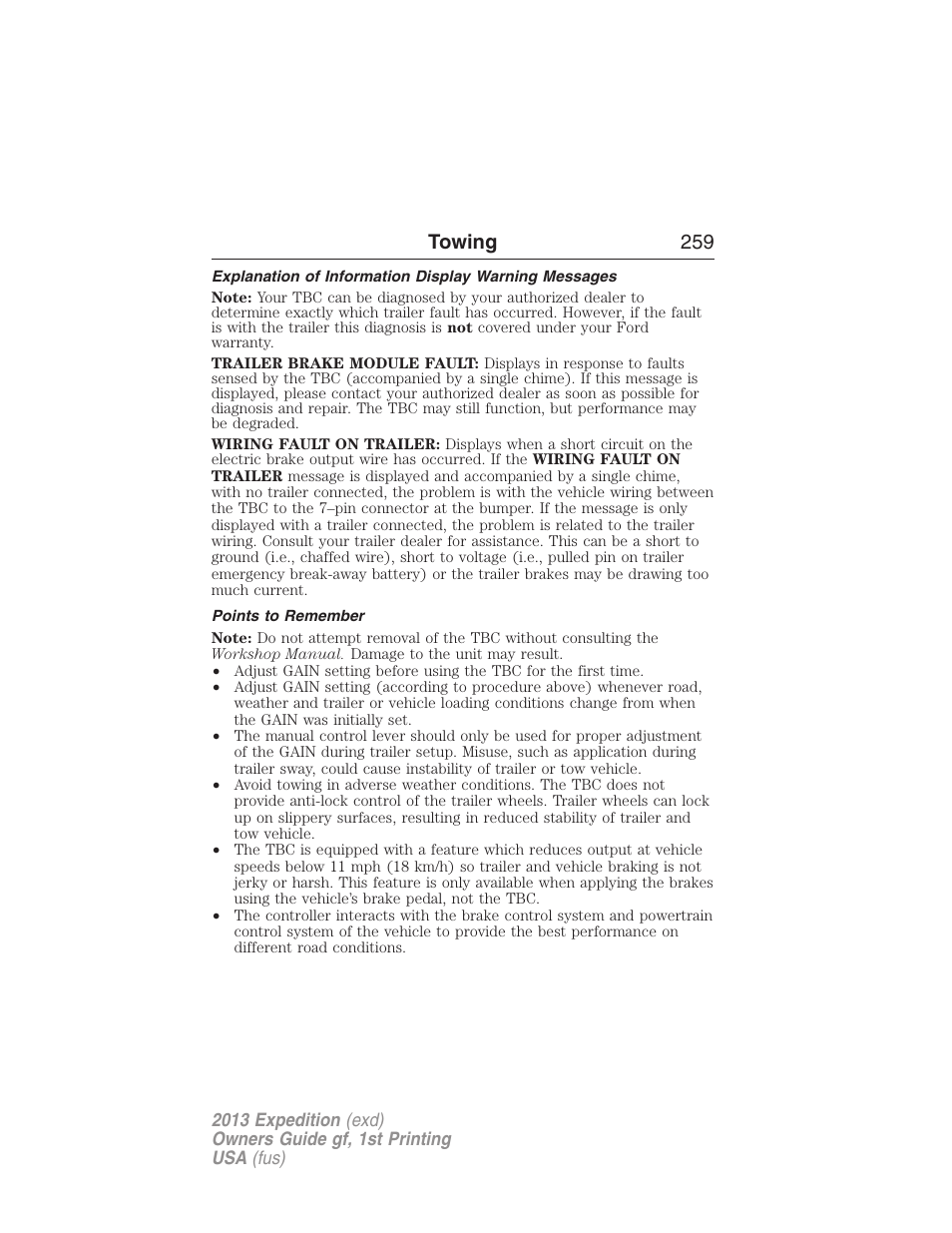 Points to remember, Towing 259 | FORD 2013 Expedition v.1 User Manual | Page 259 / 497