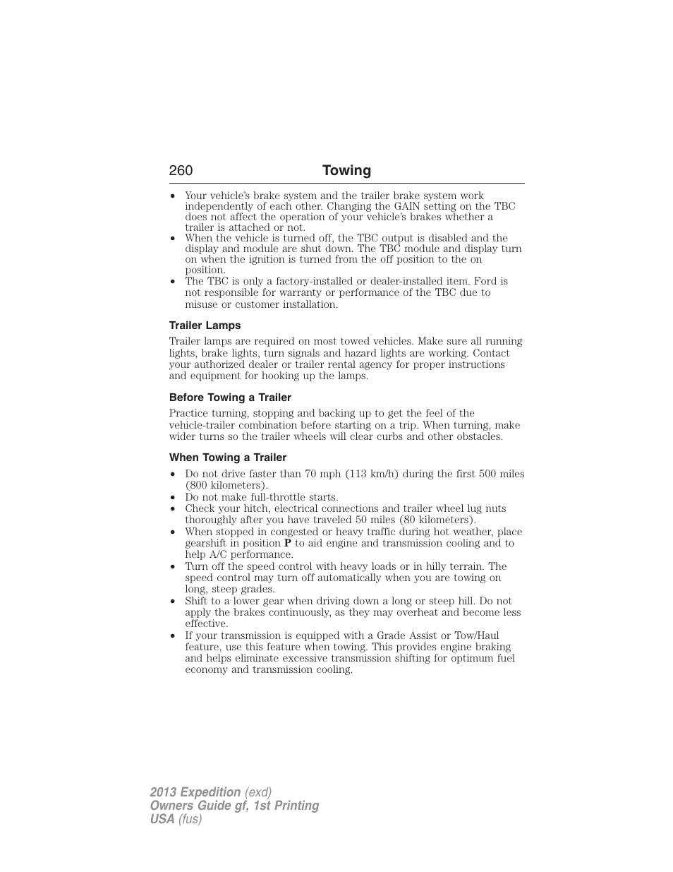 Trailer lamps, Before towing a trailer, When towing a trailer | 260 towing | FORD 2013 Expedition v.1 User Manual | Page 260 / 497