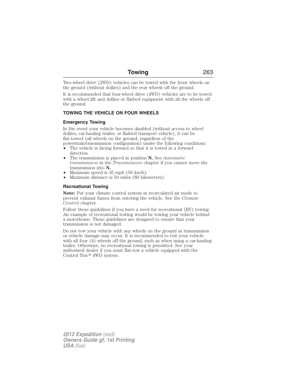 Towing the vehicle on four wheels, Emergency towing, Recreational towing | Towing 263 | FORD 2013 Expedition v.1 User Manual | Page 263 / 497