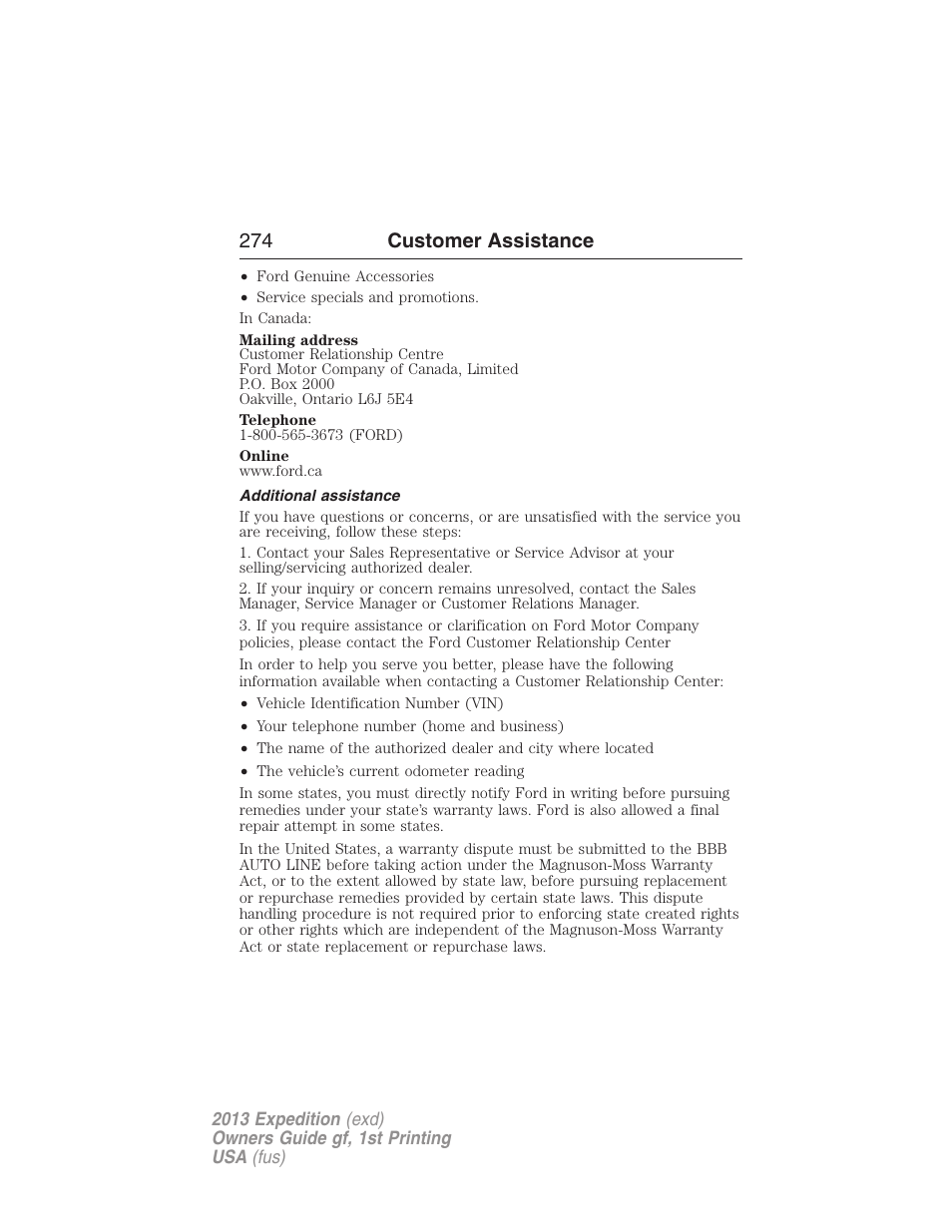 Additional assistance, 274 customer assistance | FORD 2013 Expedition v.1 User Manual | Page 274 / 497