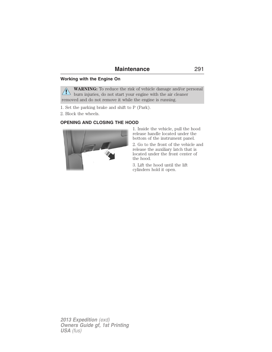 Working with the engine on, Opening and closing the hood, Maintenance 291 | FORD 2013 Expedition v.1 User Manual | Page 291 / 497