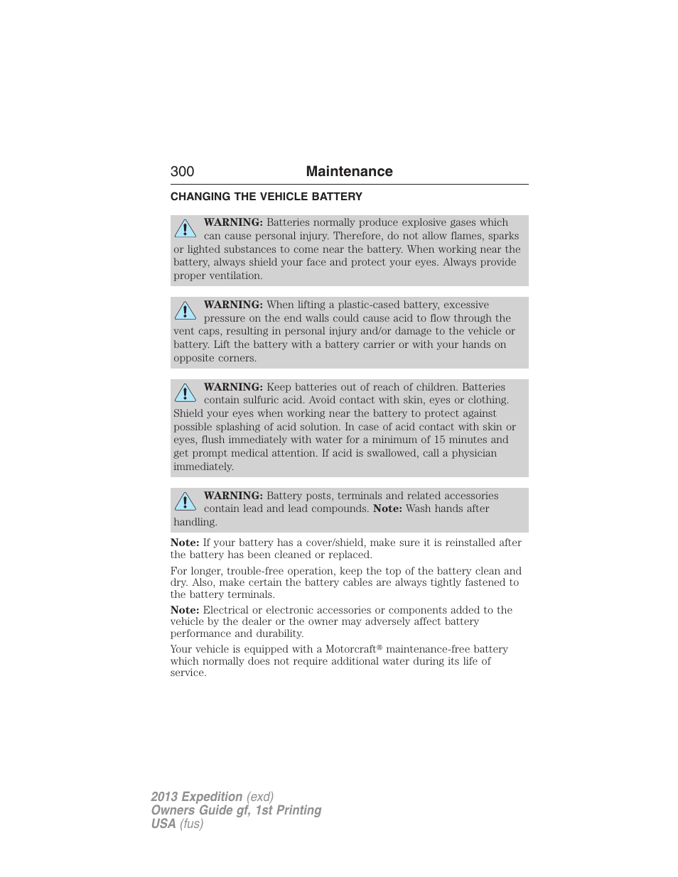 Changing the vehicle battery, Battery, 300 maintenance | FORD 2013 Expedition v.1 User Manual | Page 300 / 497