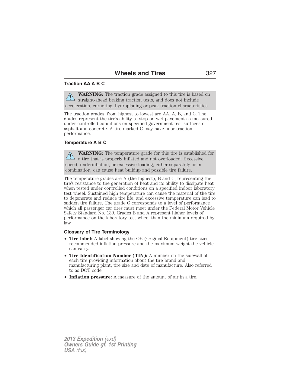 Traction aa a b c, Temperature a b c, Glossary of tire terminology | Wheels and tires 327 | FORD 2013 Expedition v.1 User Manual | Page 327 / 497