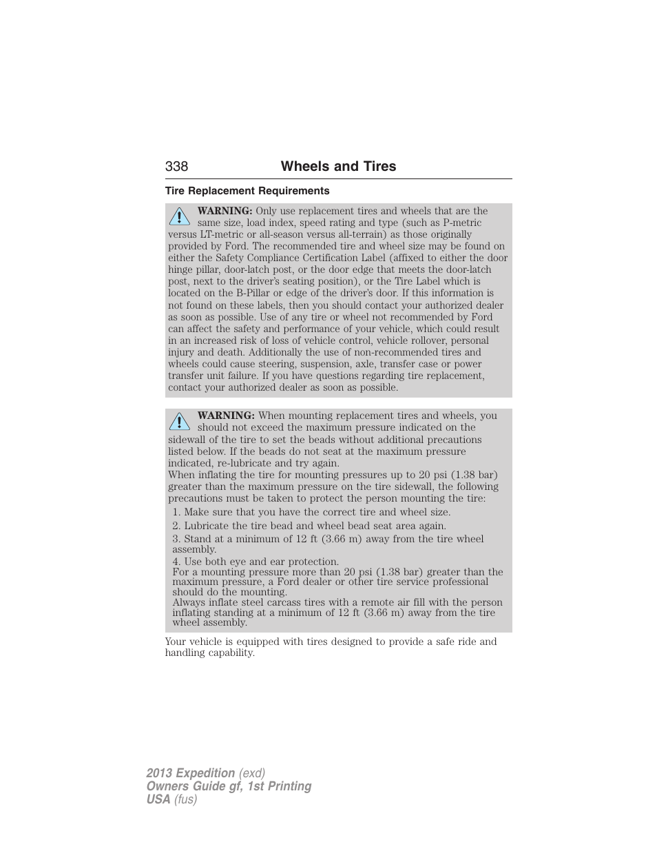 Tire replacement requirements, 338 wheels and tires | FORD 2013 Expedition v.1 User Manual | Page 338 / 497