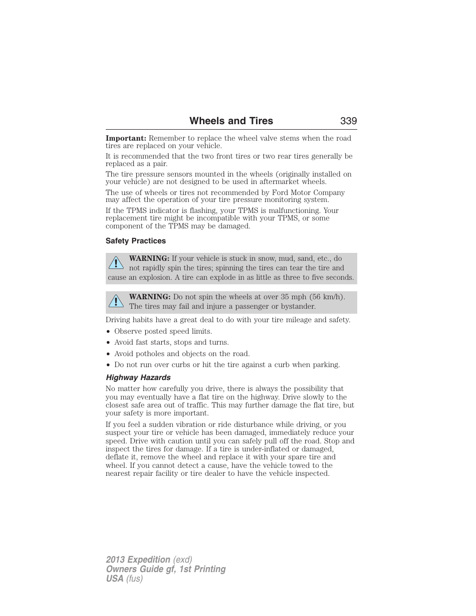 Safety practices, Highway hazards, Wheels and tires 339 | FORD 2013 Expedition v.1 User Manual | Page 339 / 497