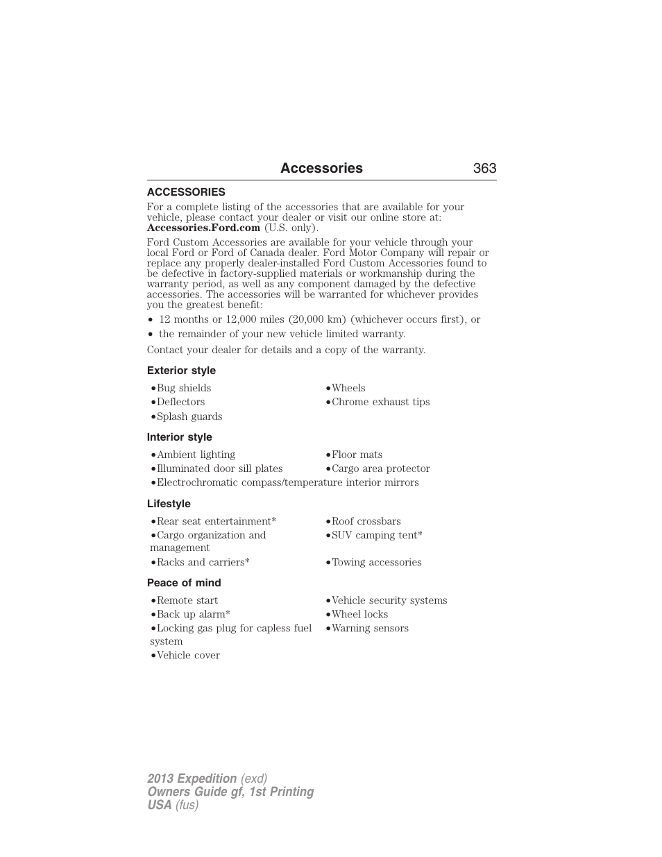 Accessories, Exterior style, Interior style | Lifestyle, Peace of mind, Accessories 363 | FORD 2013 Expedition v.1 User Manual | Page 363 / 497