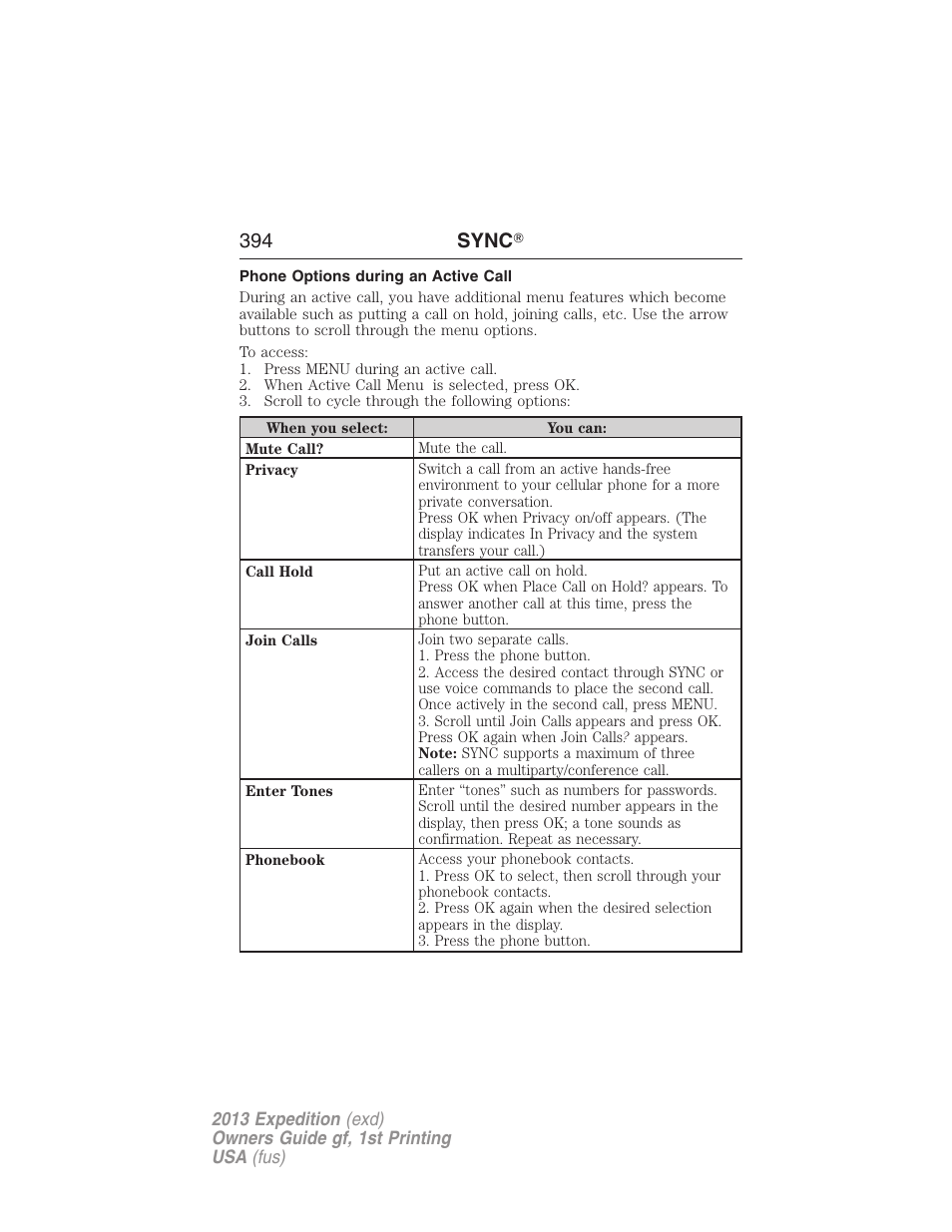 Phone options during an active call, 394 sync | FORD 2013 Expedition v.1 User Manual | Page 394 / 497