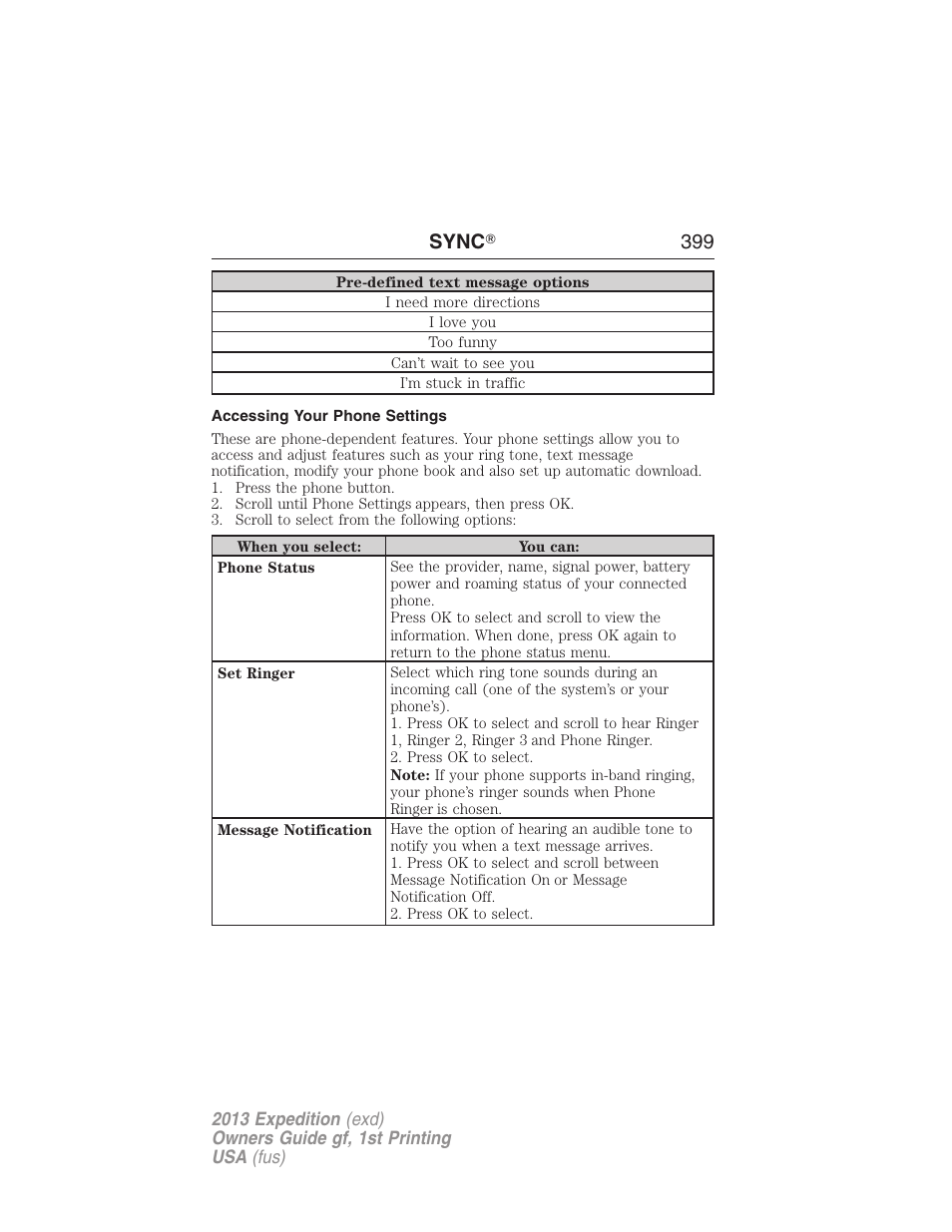 Accessing your phone settings, Sync ா 399 | FORD 2013 Expedition v.1 User Manual | Page 399 / 497