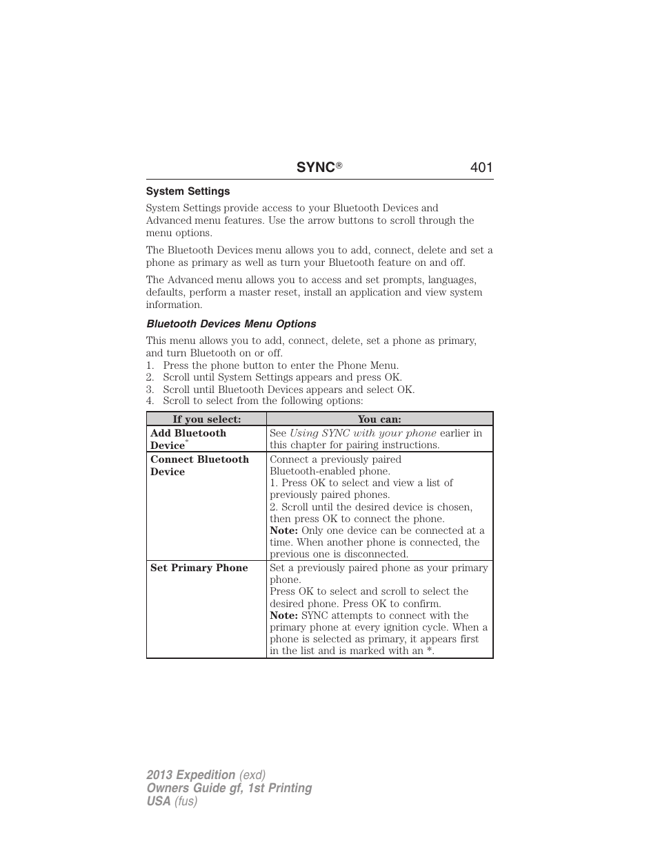 System settings, Bluetooth devices menu options, Sync ா 401 | FORD 2013 Expedition v.1 User Manual | Page 401 / 497