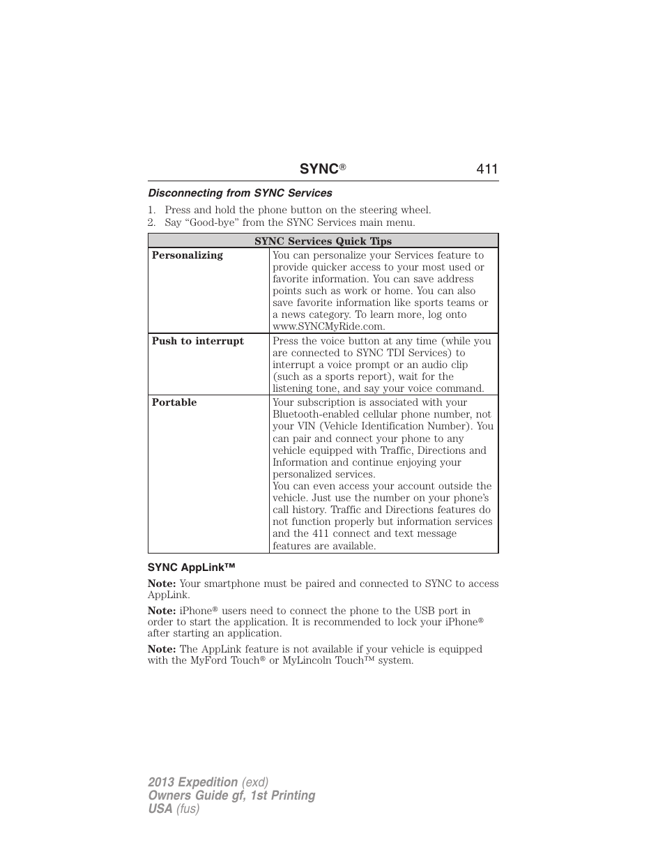 Disconnecting from sync services, Sync applink, Sync ா 411 | FORD 2013 Expedition v.1 User Manual | Page 411 / 497