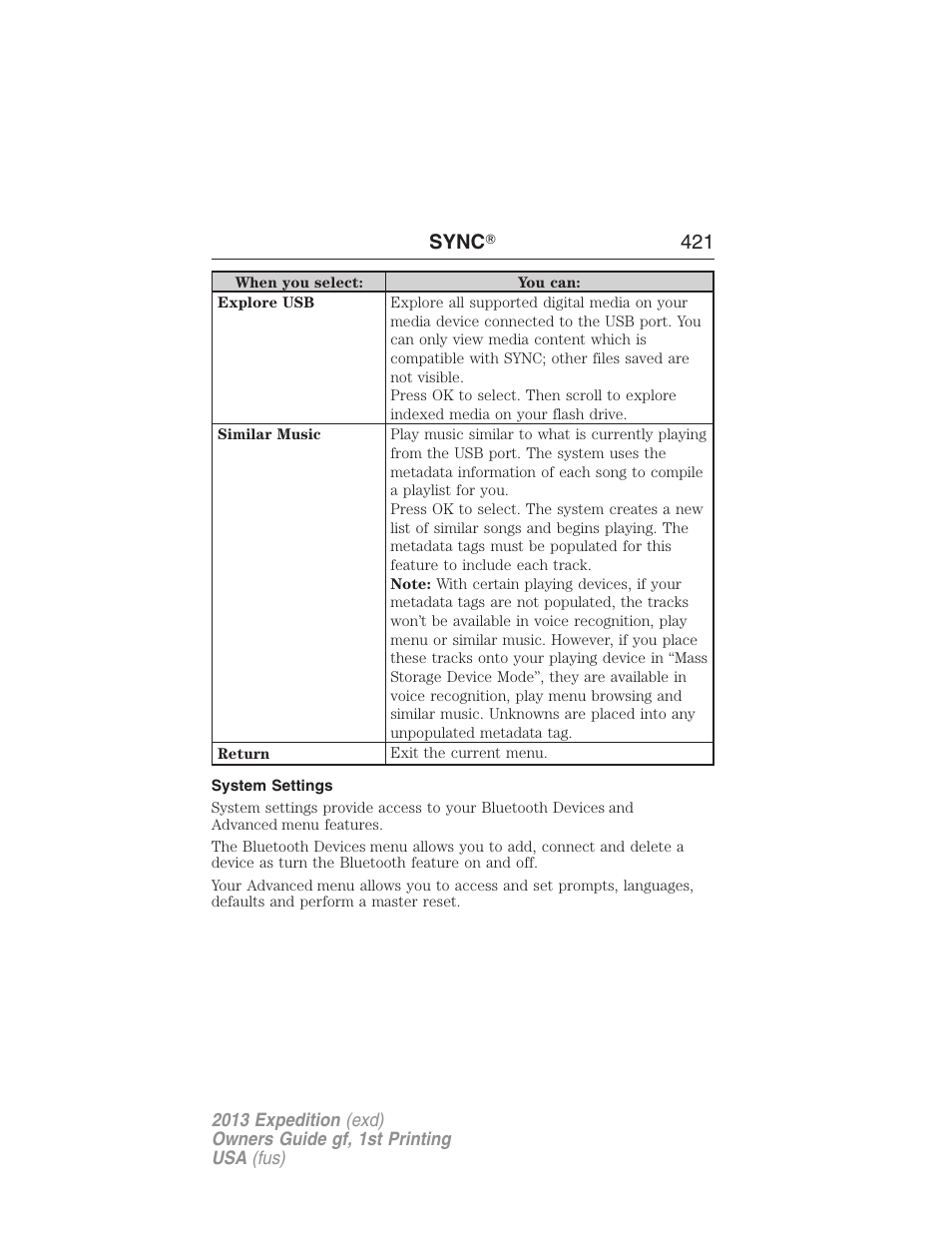 System settings, Sync ா 421 | FORD 2013 Expedition v.1 User Manual | Page 421 / 497