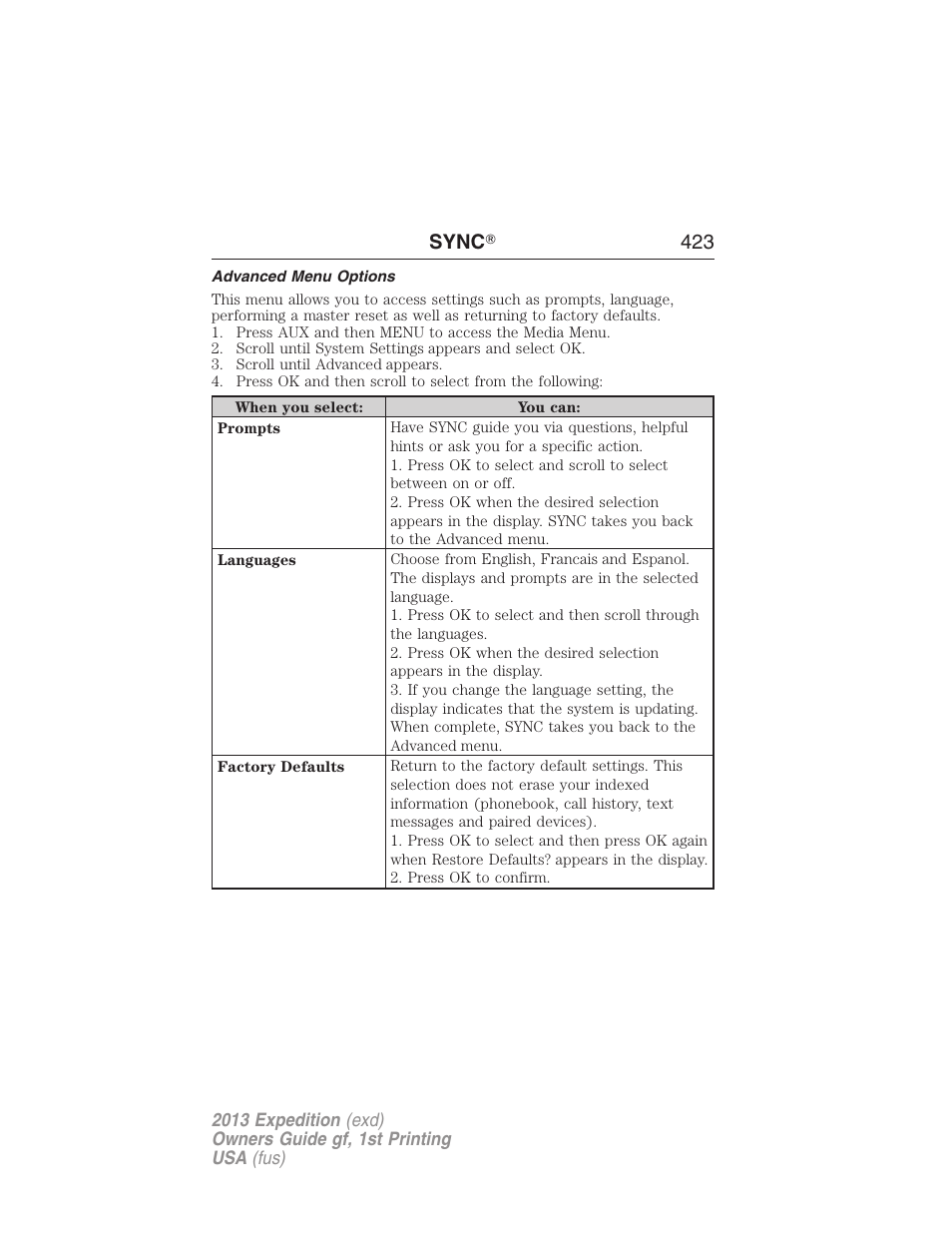 Advanced menu options, Sync ா 423 | FORD 2013 Expedition v.1 User Manual | Page 423 / 497