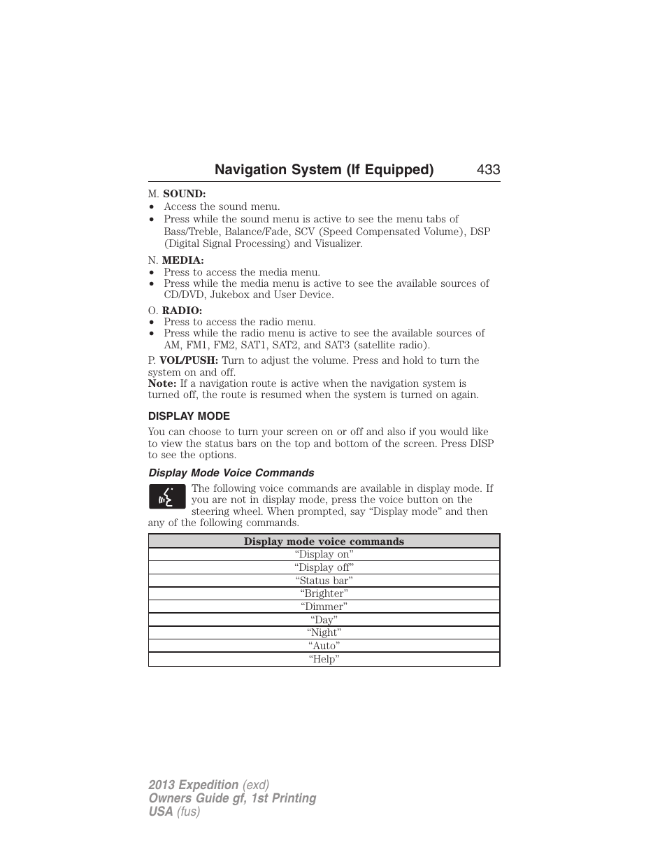 Display mode, Display mode voice commands, Navigation system (if equipped) 433 | FORD 2013 Expedition v.1 User Manual | Page 433 / 497