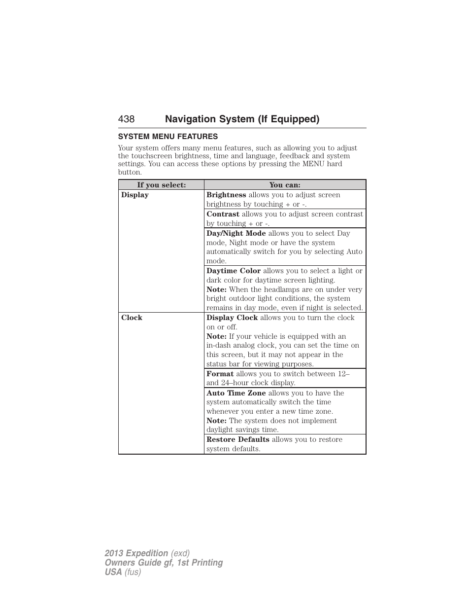 System menu features, 438 navigation system (if equipped) | FORD 2013 Expedition v.1 User Manual | Page 438 / 497