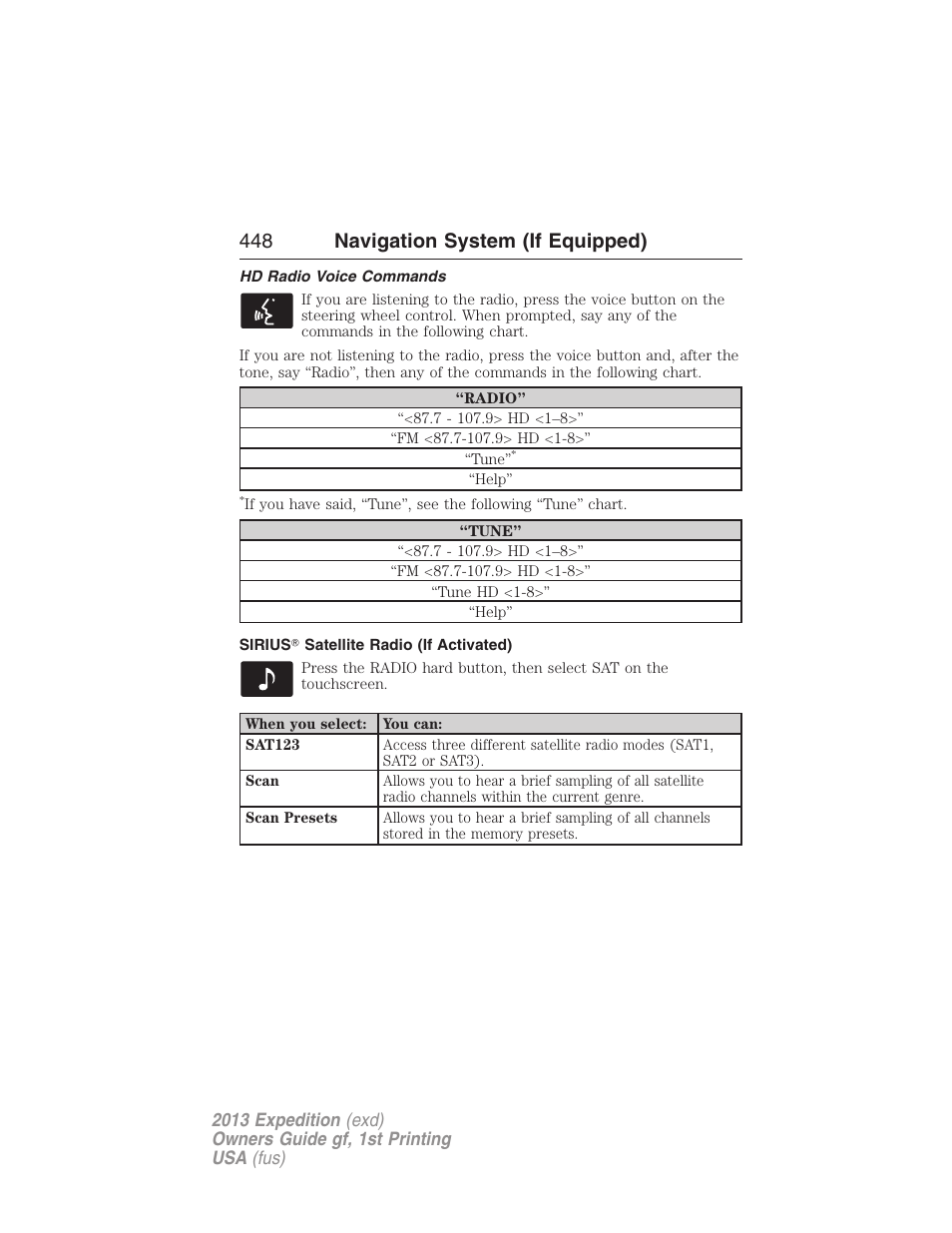 Hd radio voice commands, Sirius? satellite radio (if activated), 448 navigation system (if equipped) | FORD 2013 Expedition v.1 User Manual | Page 448 / 497