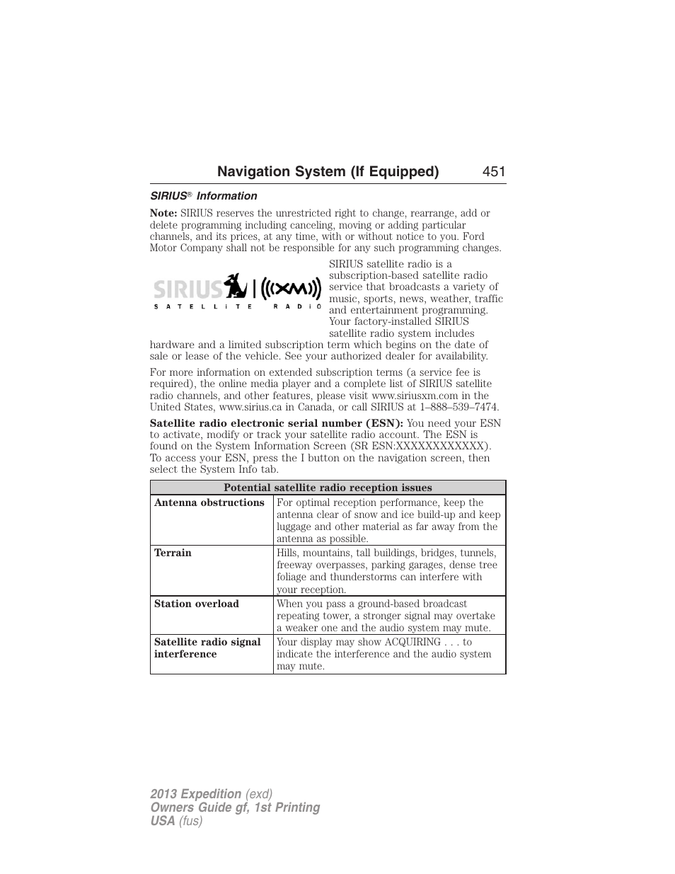 Sirius? information, Navigation system (if equipped) 451 | FORD 2013 Expedition v.1 User Manual | Page 451 / 497