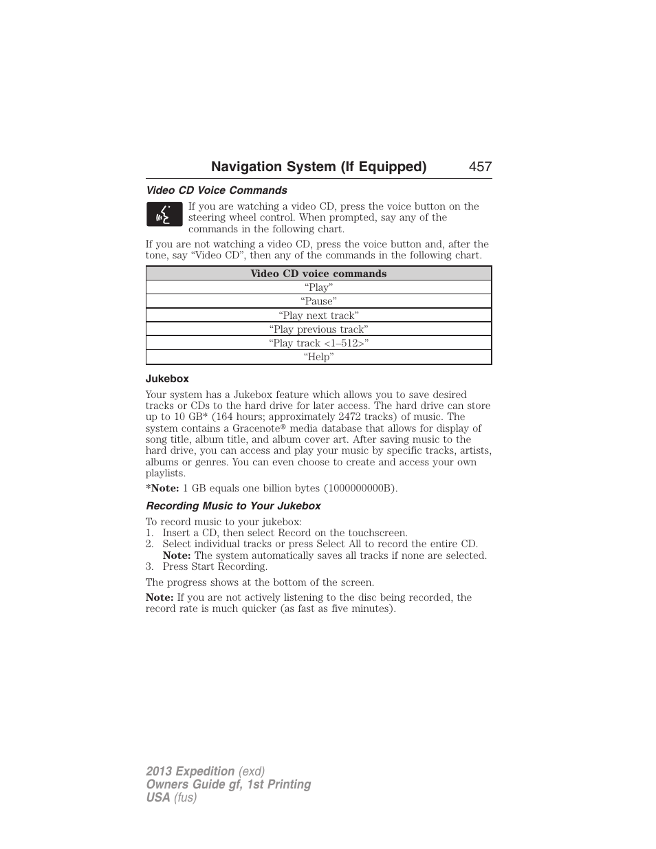 Video cd voice commands, Jukebox, Recording music to your jukebox | Jukebox features, Recording (saving) music to your jukebox, Navigation system (if equipped) 457 | FORD 2013 Expedition v.1 User Manual | Page 457 / 497